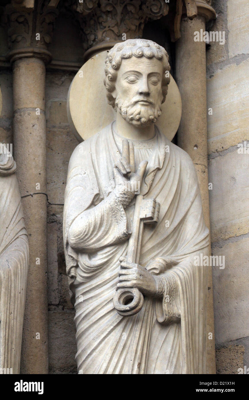 Saint Peter, Notre Dame Cathedral, Paris, Portal of St. Anne Stock Photo