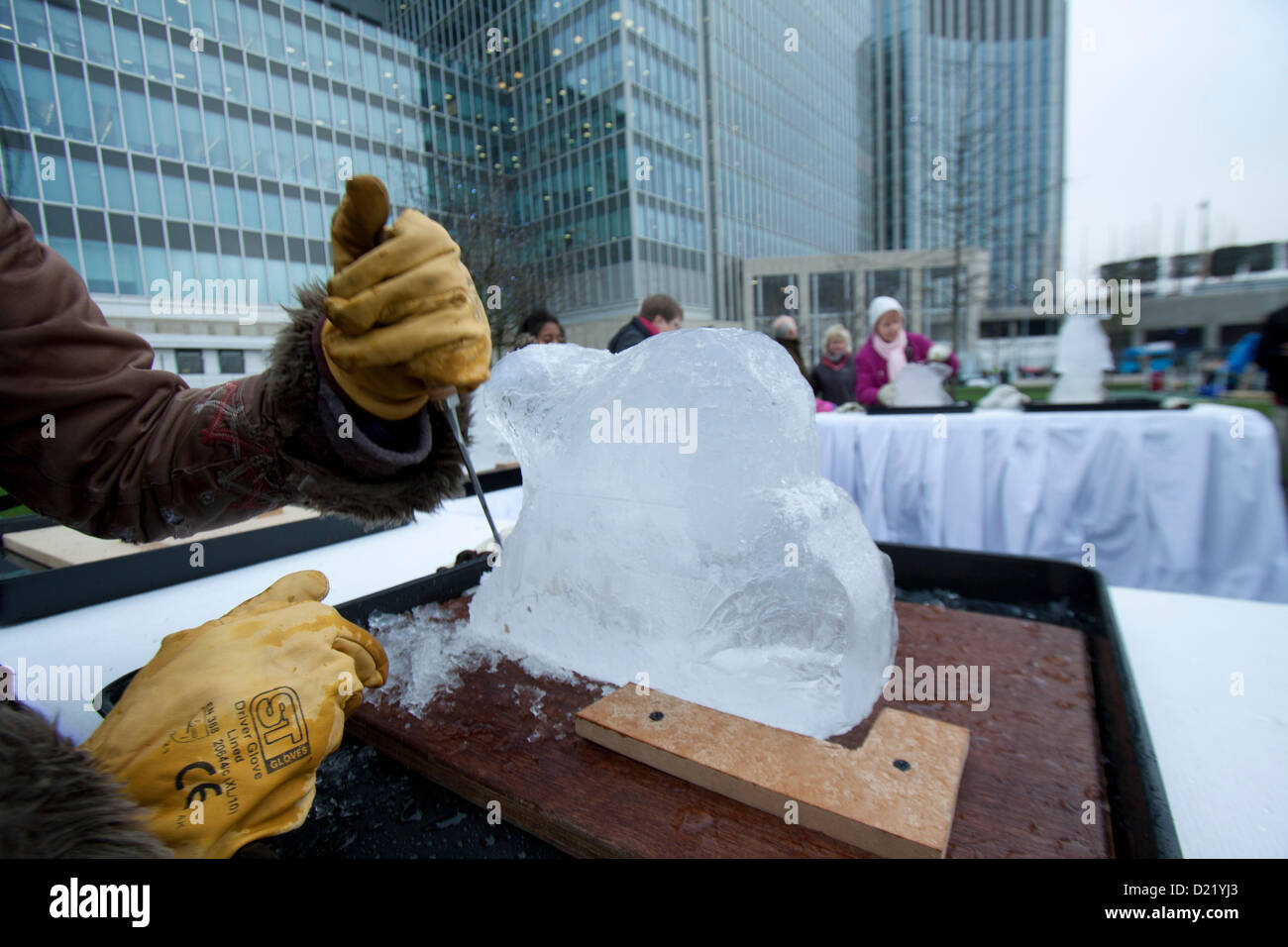 Canary Wharf London UK. 11th January 2013. The London ice sculpting ...