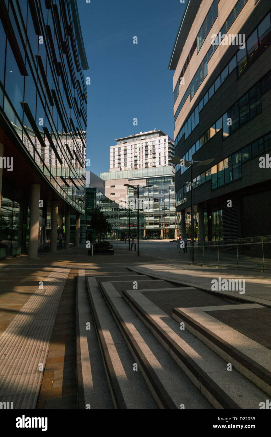 BBC buildings, Salford Quays, MediaCity UK, looking between buildings Stock Photo