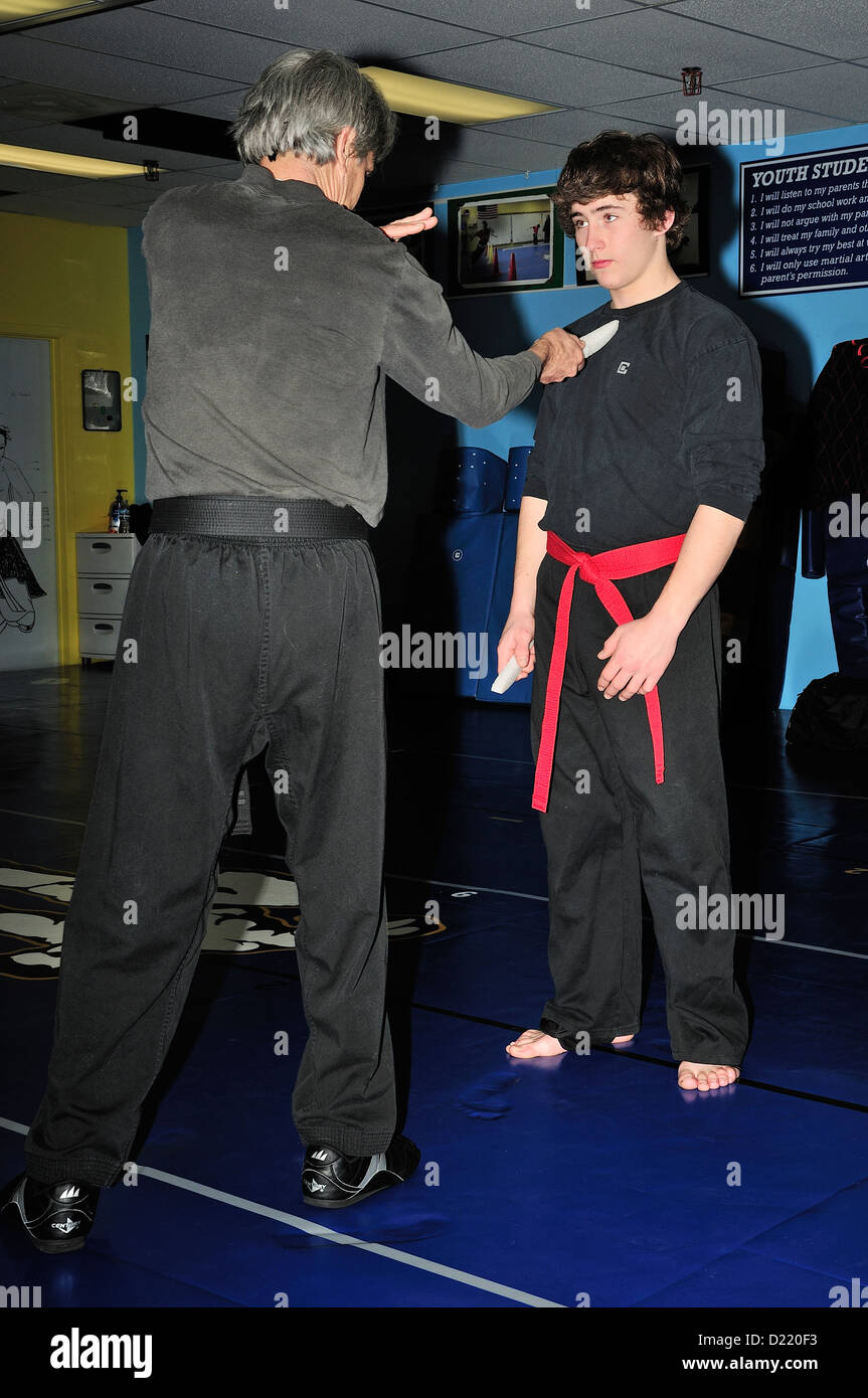 Hapkido Black Belt and Red Belt combatants practicing their art at a