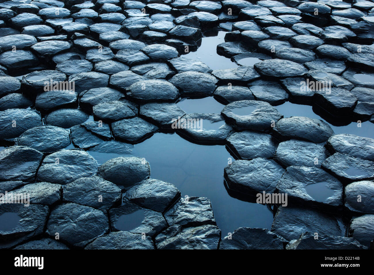 Details of the hexagonal basaltic rocks pattern from the famous Giant's Causeway UNESCO world heritage site in Northern Ireland. Stock Photo