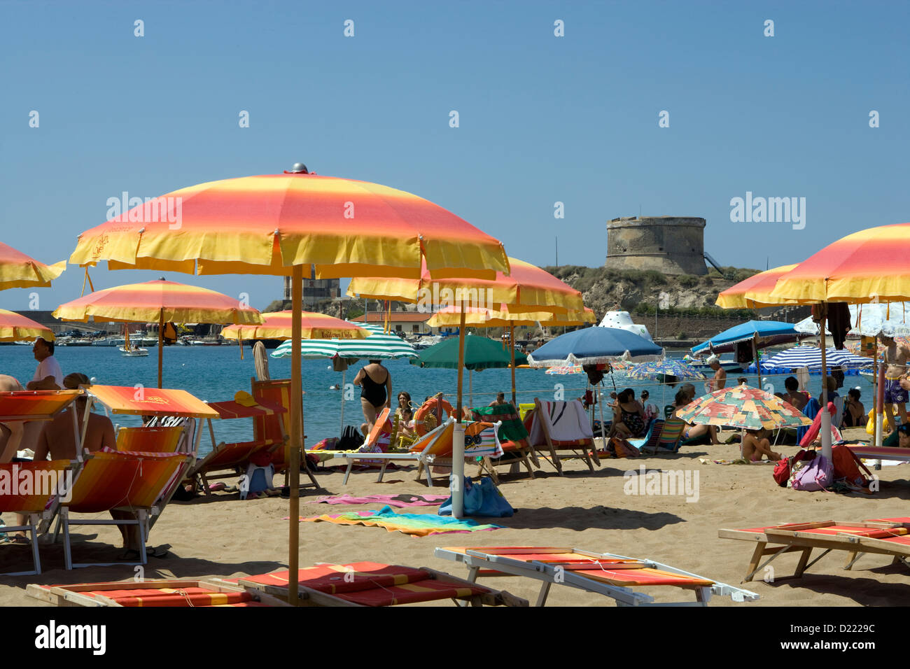 Sardinia: Bosa - Bosa Marina beach with fort on the promontary Stock Photo