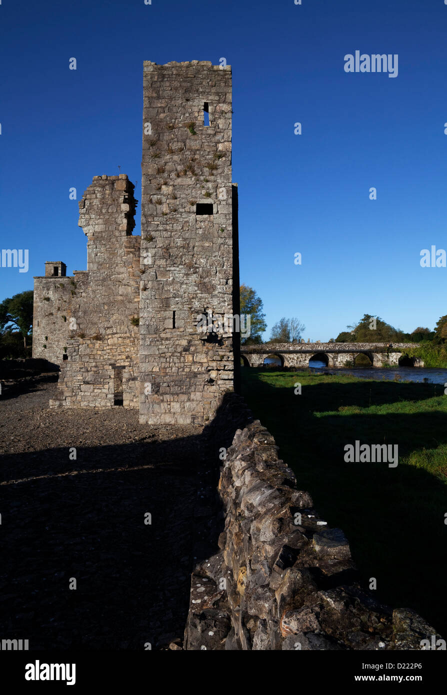 Ruined Tower House, 13th Century Priory of St John the Baptist, And old bridge over the River Boyne, Trim, County Meath, Ireland Stock Photo