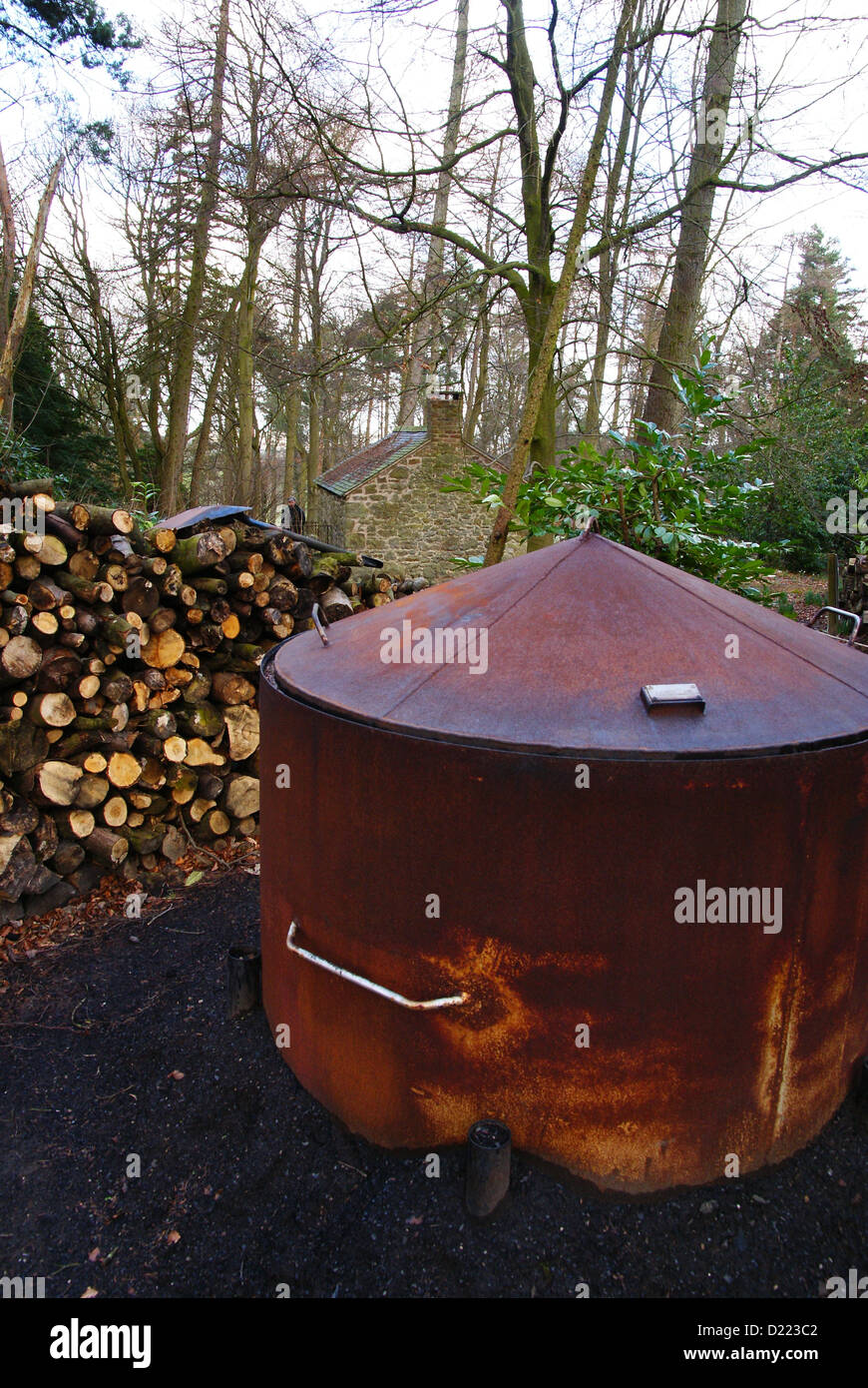 A traditional charcoal burner's oven or kiln and a pile of logs in a woodland clearing in North