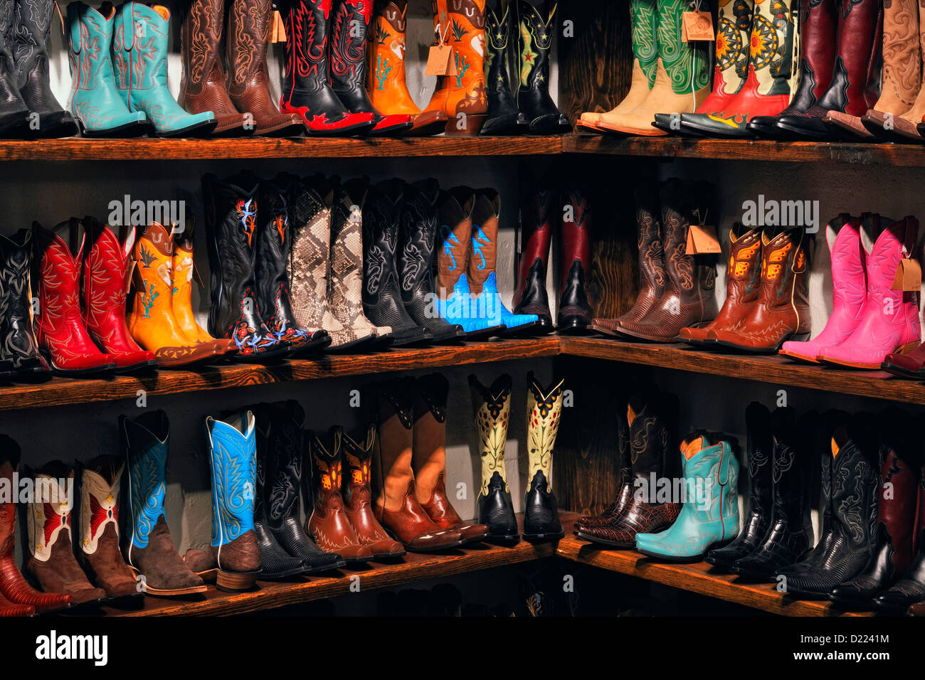Western boots for sale in a shop- 'Boots Boogie', Santa Fe, New Mexico, USA Stock Photo