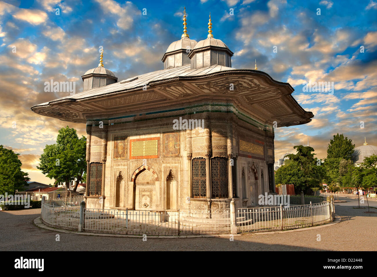 The Fountain of Sultan Ahmed III (Turkish: III. Ahmet Çe.mesi) is a fountain in a Turkish rococo structure built 1728, Istanbul Stock Photo
