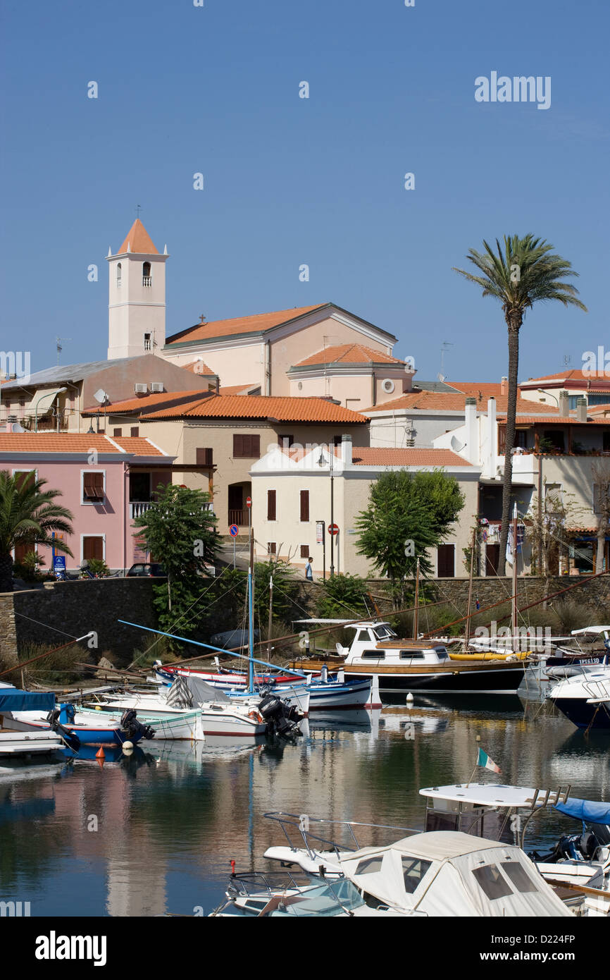 Sardinia: Stintino's small harbour with town beyond Stock Photo