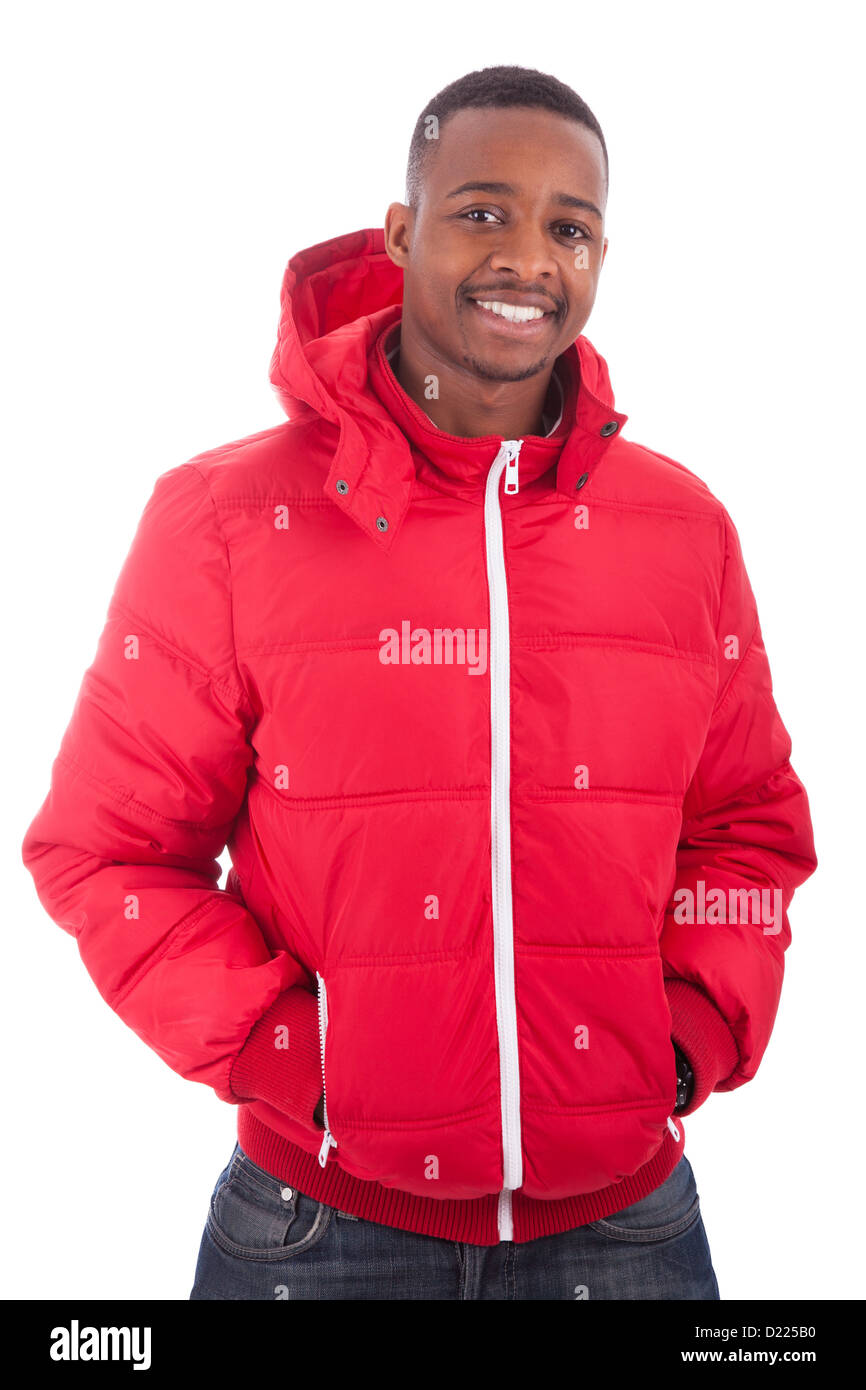 African American man wearing a winter coat, isolated on white background Stock Photo