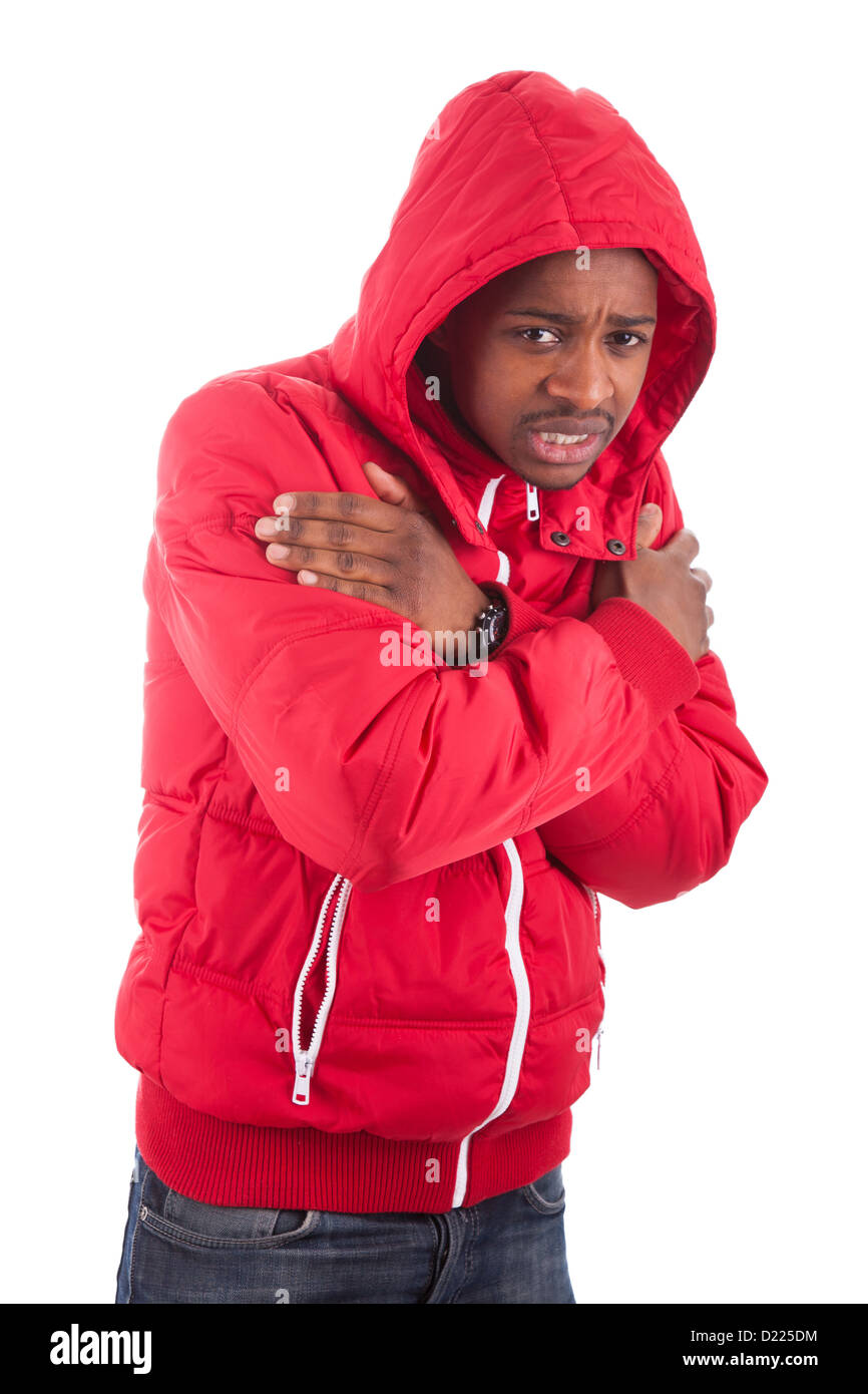 African American man wearing a winter coat, isolated on white background Stock Photo