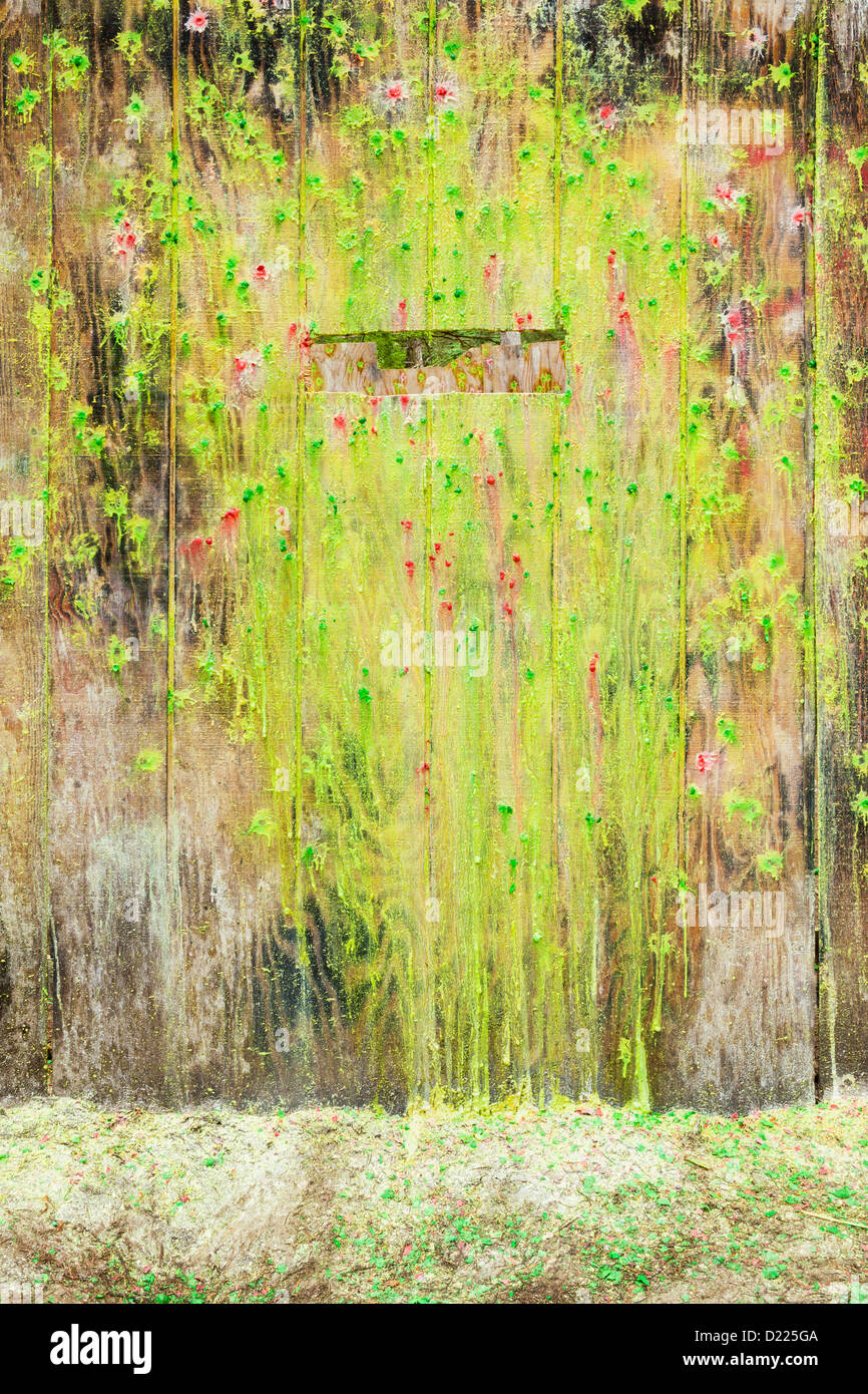 Paint covered wall and firing slit at paintball field, Oregon Stock Photo