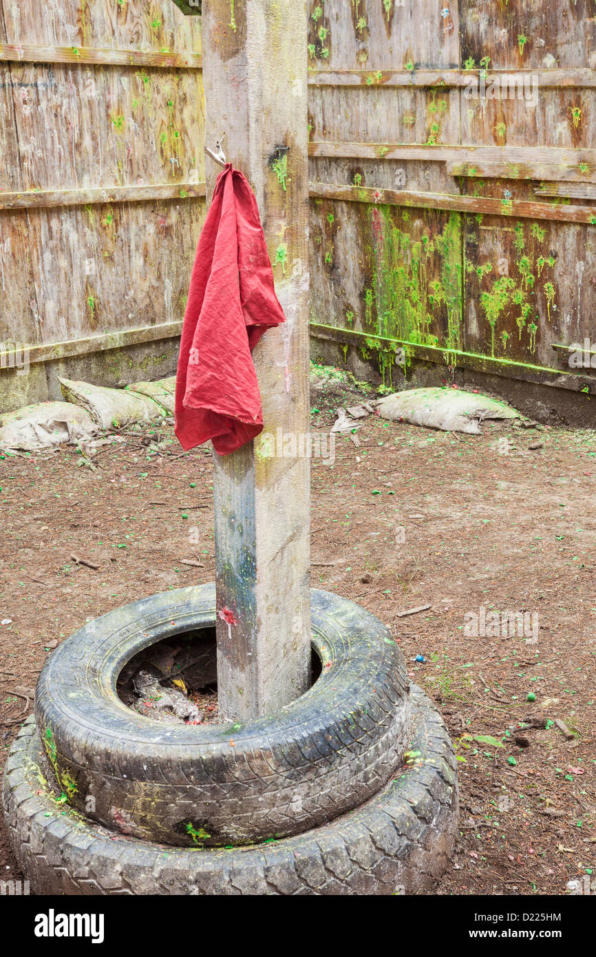 Red flag used for capture the flag game on paintball field, Oregon Stock Photo