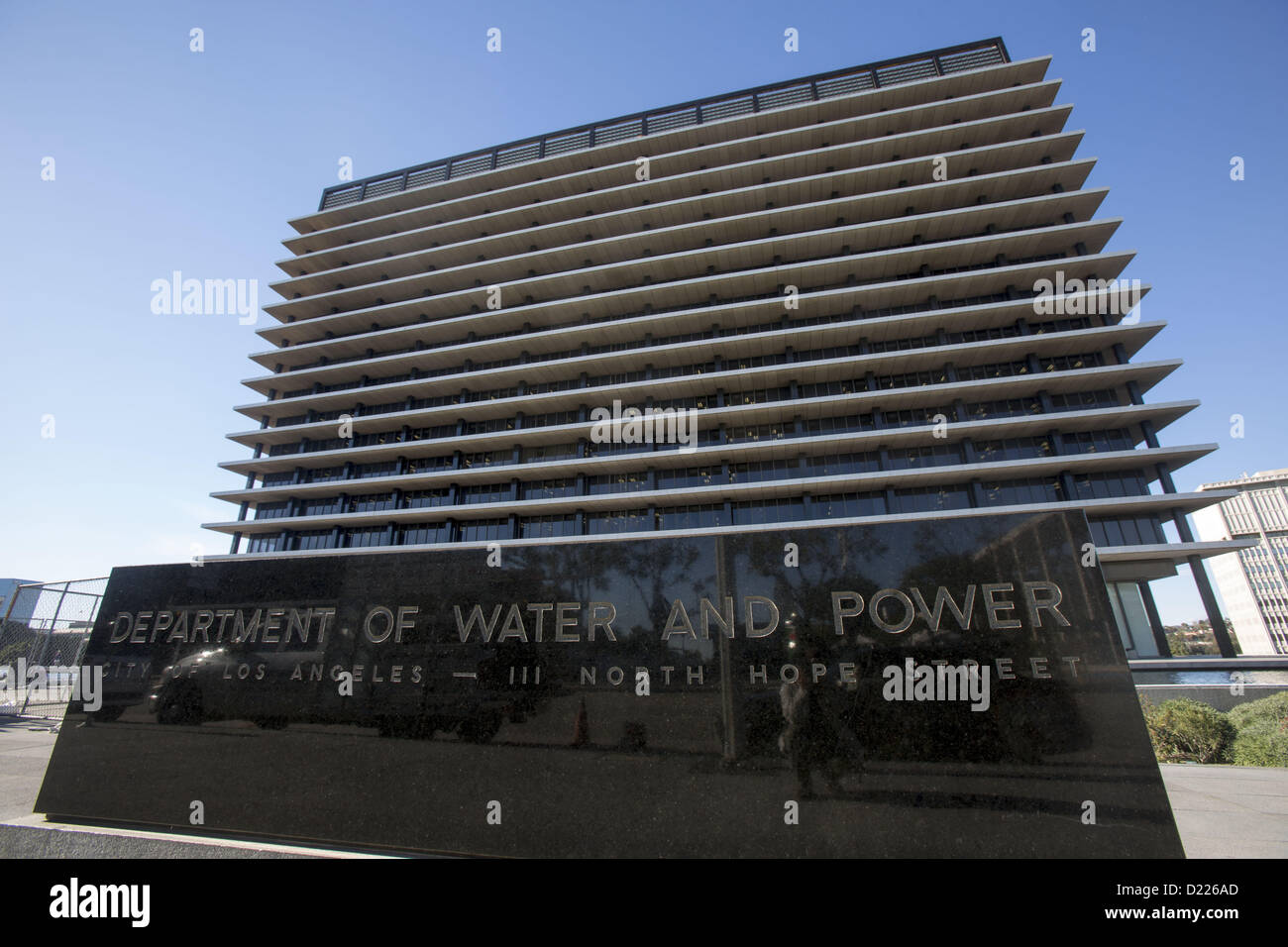 Jan. 11, 2013 - Los Angeles, California (CA, United States - The headquater of the Department of Water and Power is seen in downtown Los Angeles, Friday, January 11, 2013. The Board of Water and Power Commissioners today unanimously approved a $530 million program to pay approved commercial, industrial and residential property owners for electricity generated from their solar panels. The approval to sign 20-year contracts with customers who install minimum 30 kilowatt-hour solar power systems will make Los Angeles the largest city in the nation to have a so-called Feed-in-Tariff program. Avera Stock Photo