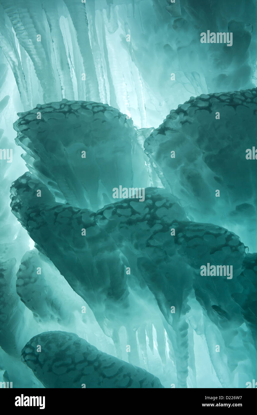 Abstract of aquamarine or aqua blue colored ice crystals and icicles Stock Photo