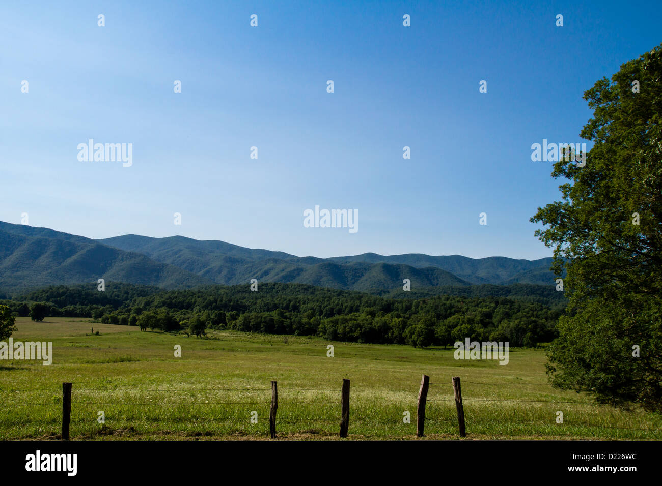 A fence borders a pasture in Cades Cove with the Smoky Mountains in the ...