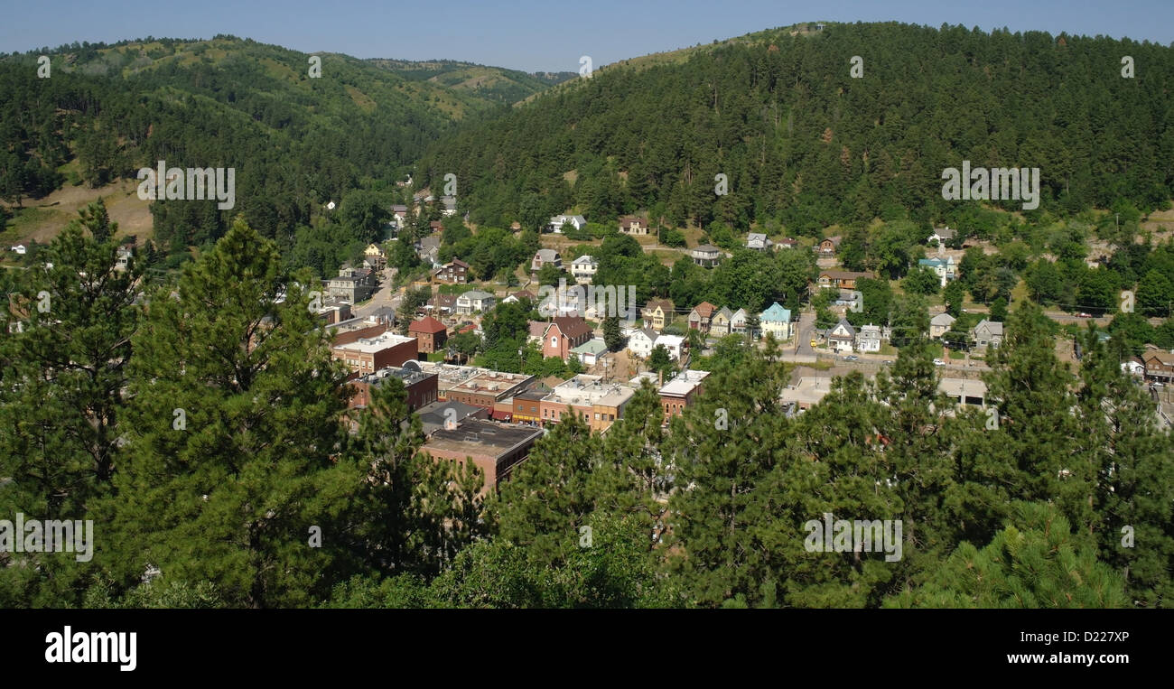 Blue sky view, from Mount Moriah Cemetery, green pine trees gulch with