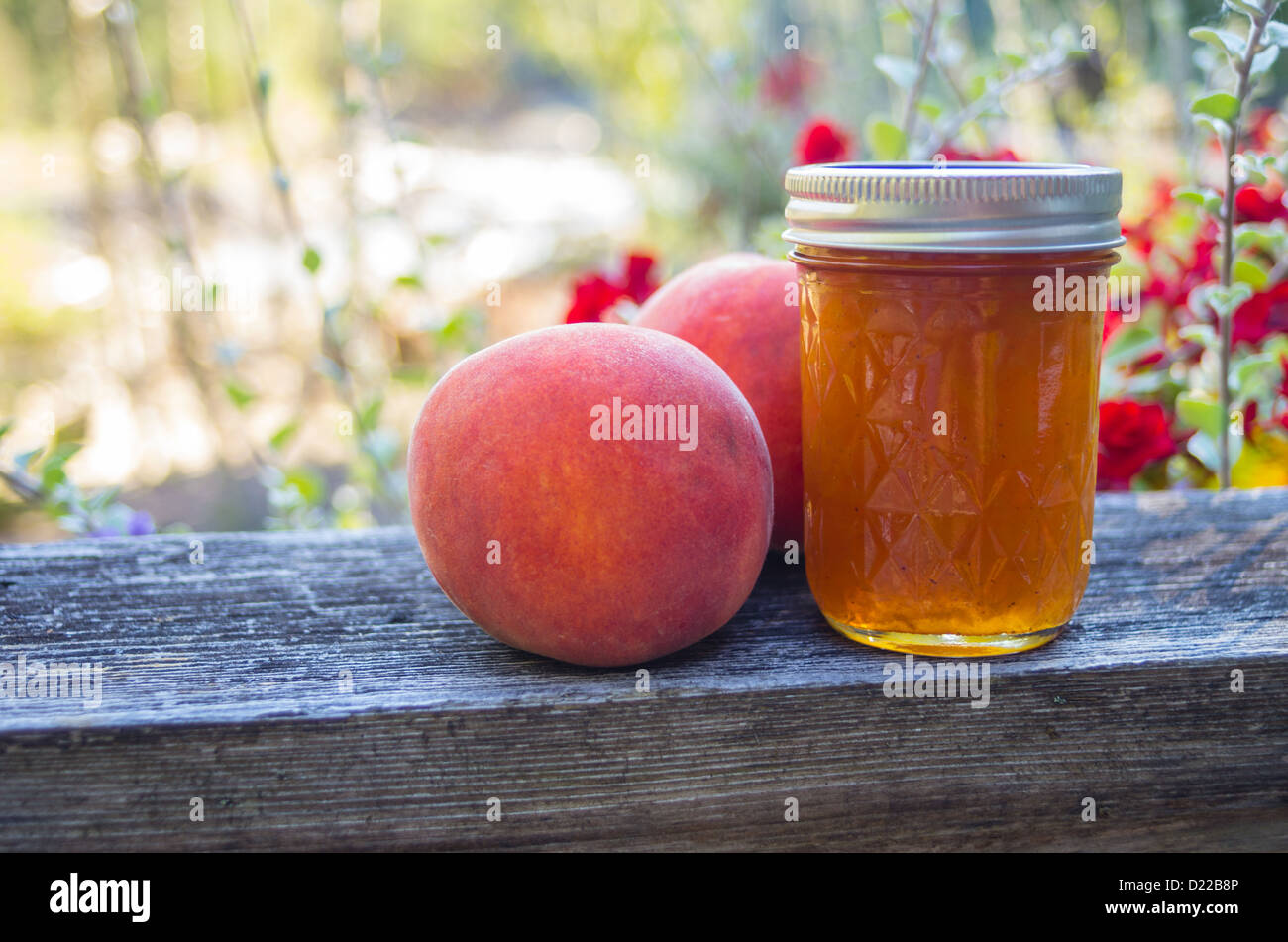 A jar of peach jelly with ripe peaches Stock Photo Alamy