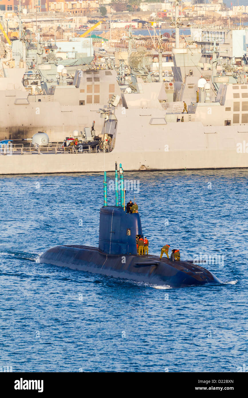 Submarine on the surface leaving Harbour. Haifa Israel Stock Photo