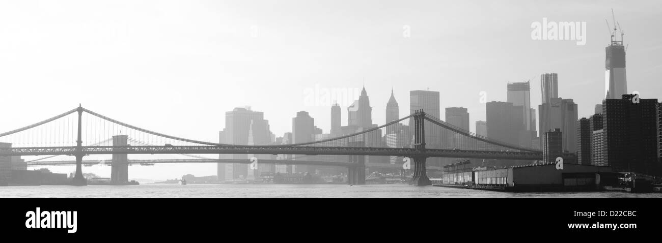 Cityscape of Manhattan City, New York, with Manhattan and Brooklyn Bridge--in Black and White Stock Photo