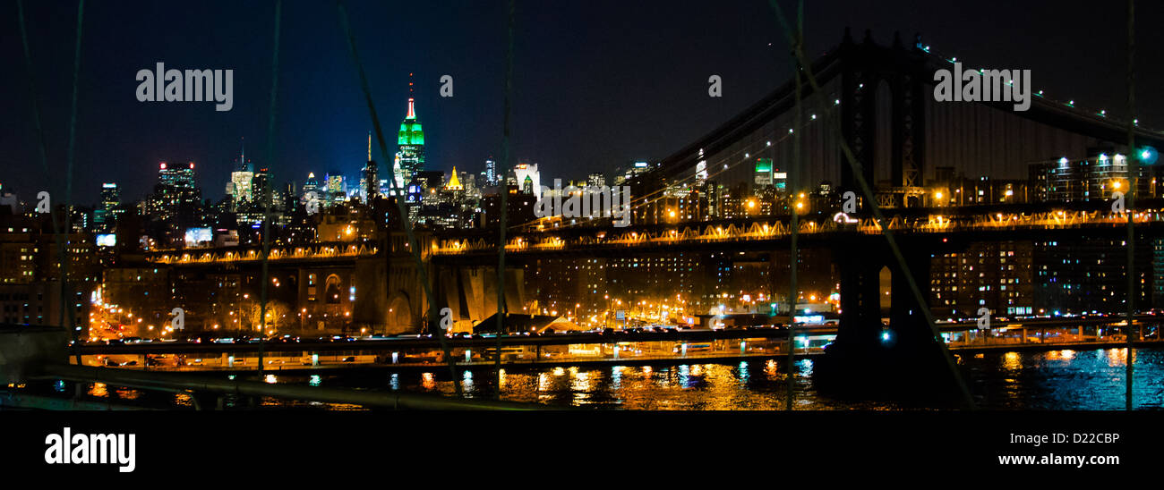 Manhattan skyline, New York City--lit up at night Stock Photo
