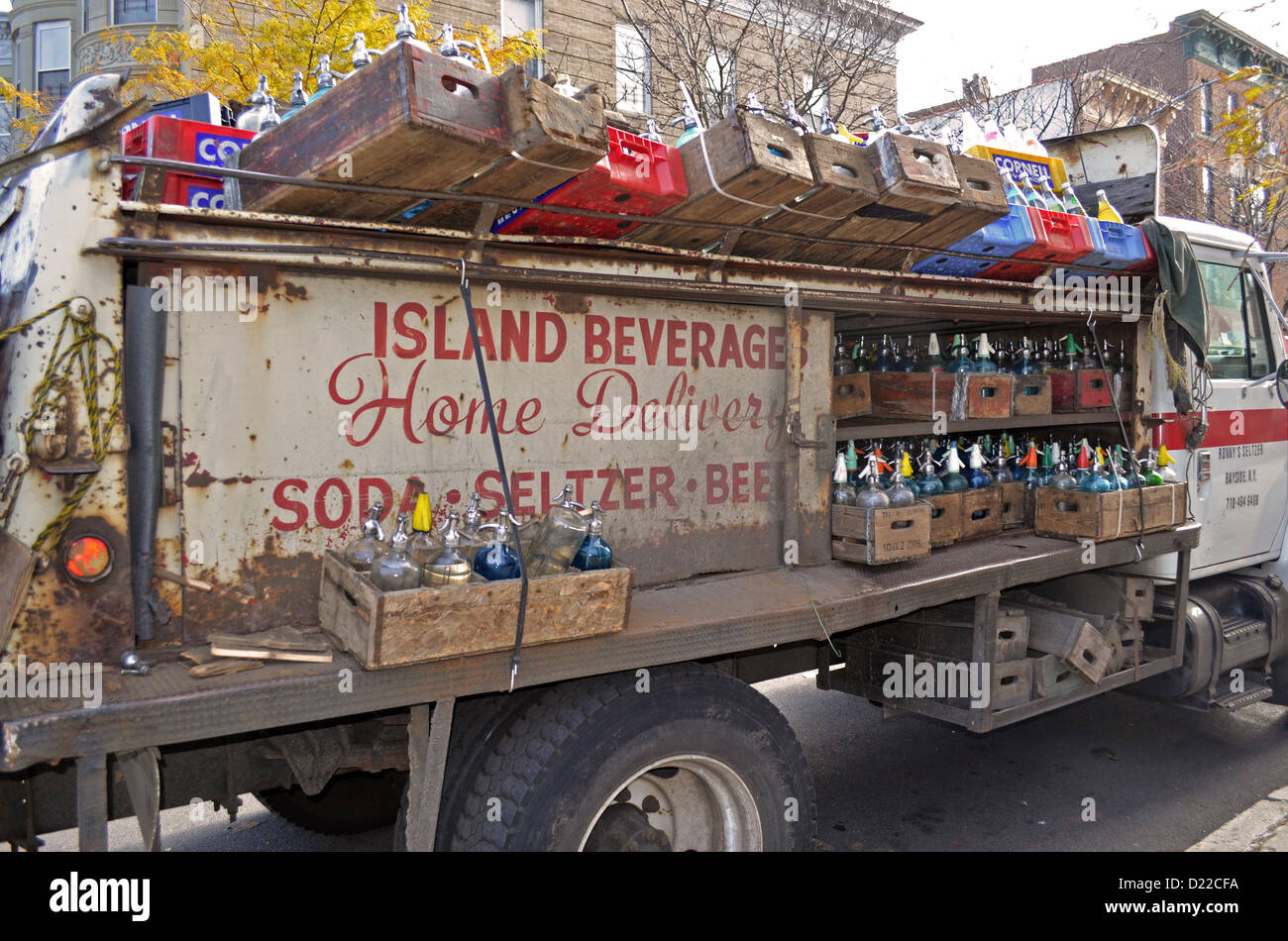 Seltzer truck owned by Ronny Beberman photographed in the Crown Heights, Brooklyn, New York. Stock Photo