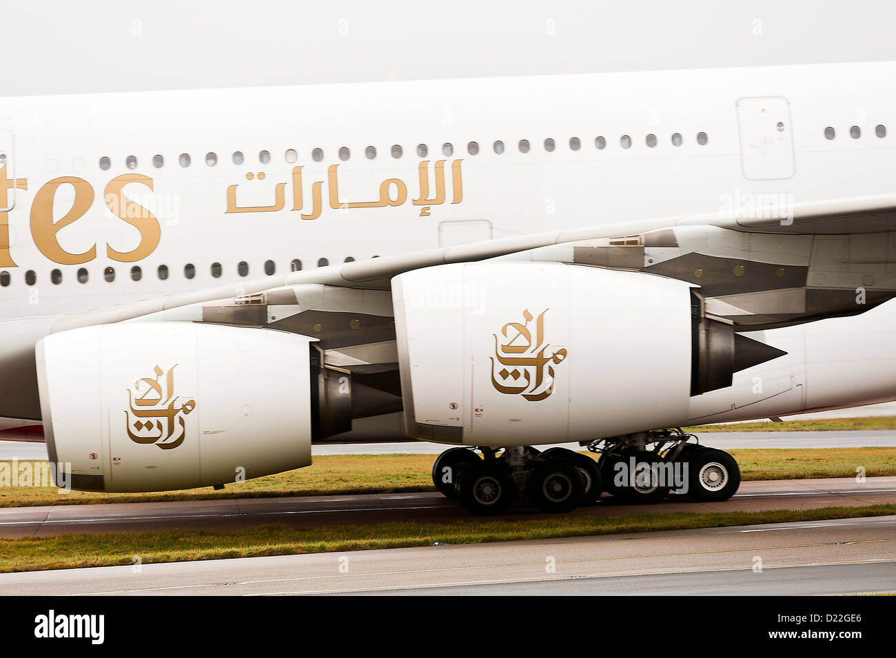 Emirates Airbus A380 Airliner Taxiing upon Arrival at Manchester International Airport England United Kingdom UK Stock Photo