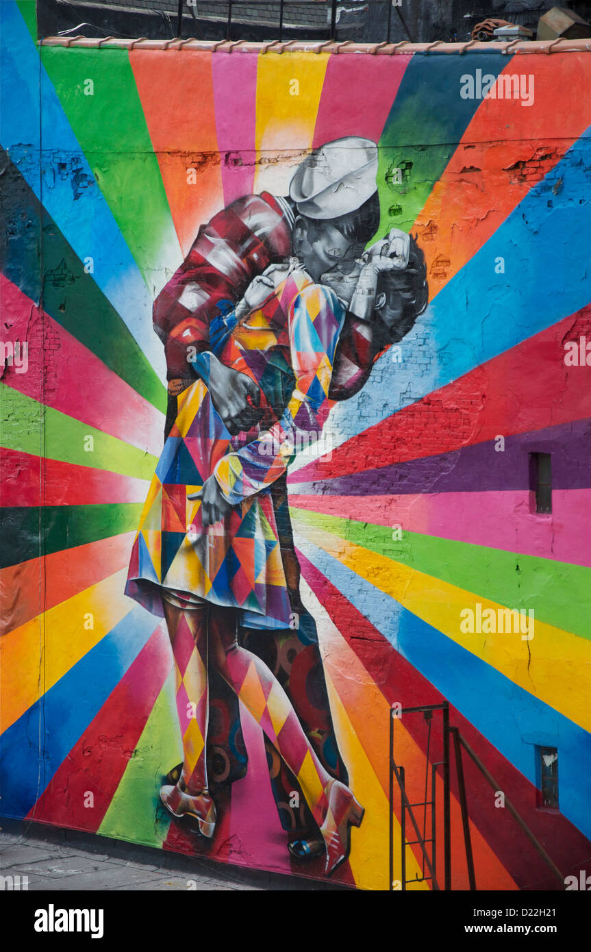 Couple Kissing in Time Square painting from the Highline park, New York Stock Photo