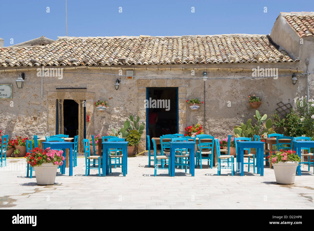 Marzamemi: main piazza old town - La Cialoma restaurant Stock Photo