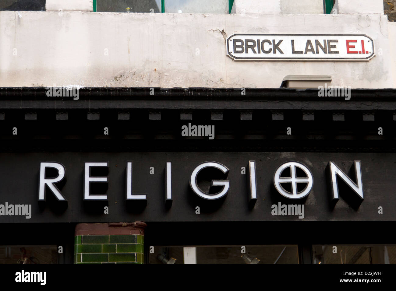 Sign above Religion clothing shop 