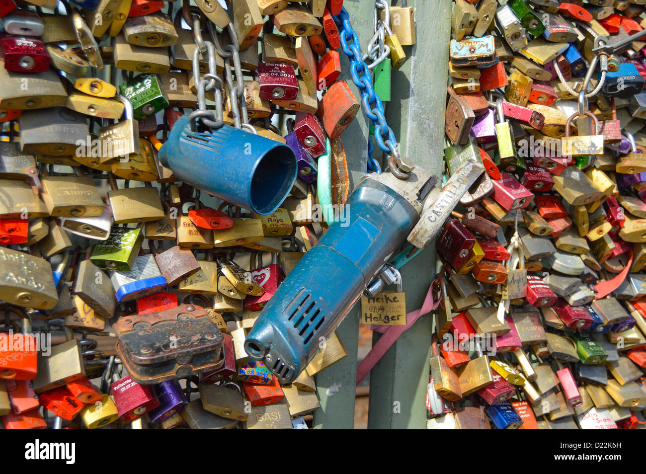 Locks of love padlocks chained to the railings of the Köln railway