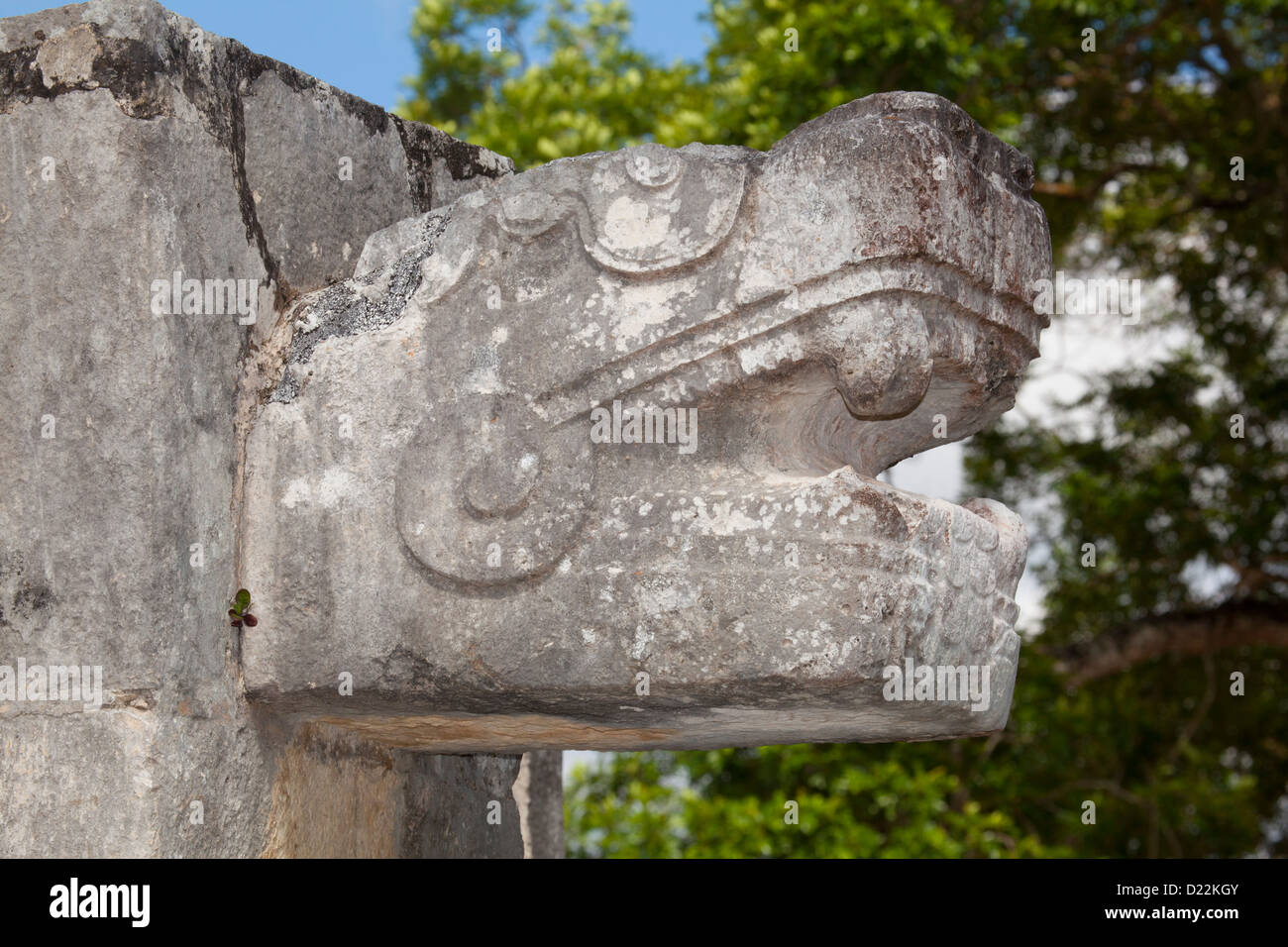 Stone carved head on the Platform of the Eagles and Jaguars at Chichen Itza, Yucatan, Mexico Stock Photo