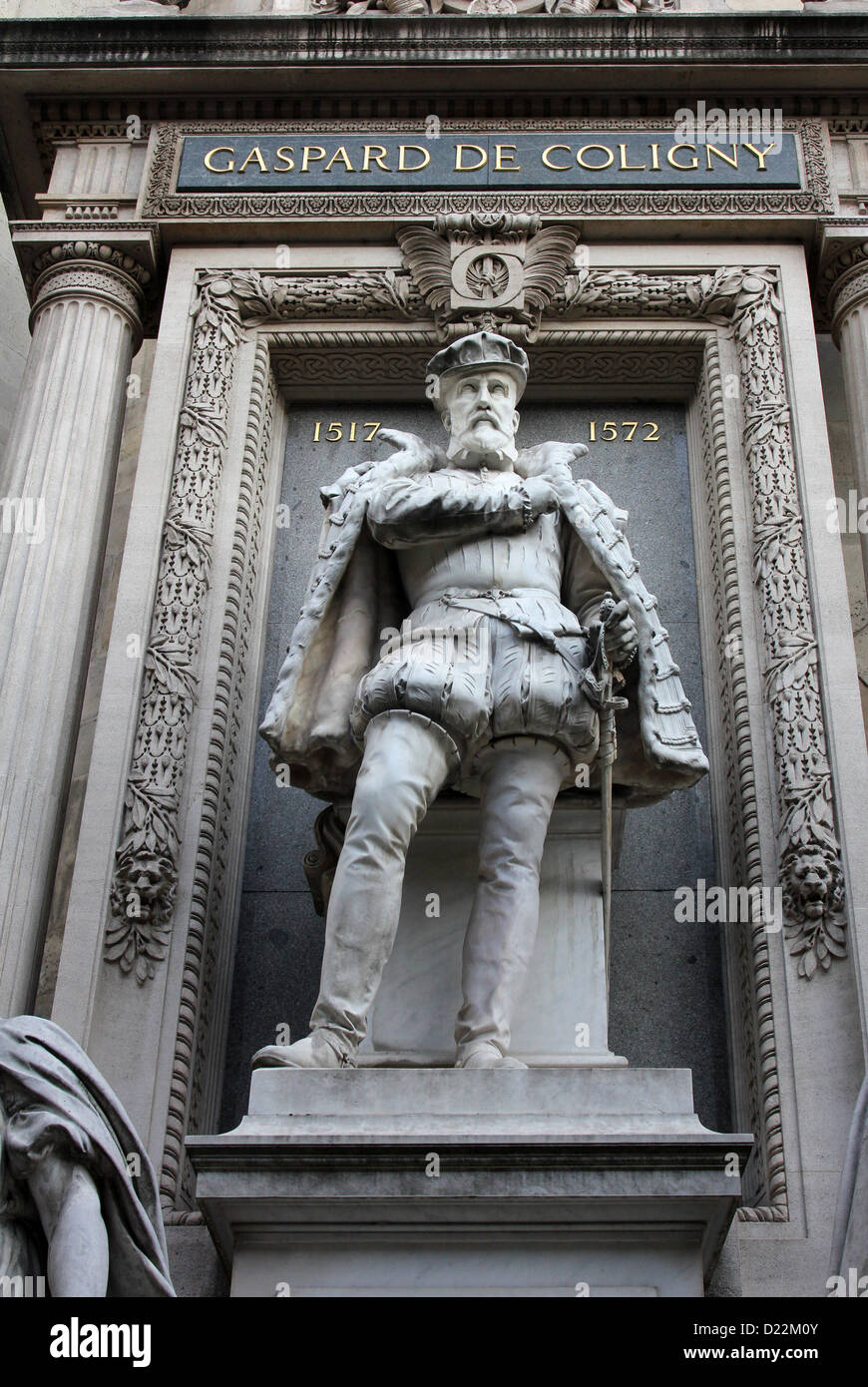 Monument to Gaspard de Coligny, by Gustave Crauck (1827-1905), at the Protestant Church of the Oratory of the Louvre, Paris. Stock Photo