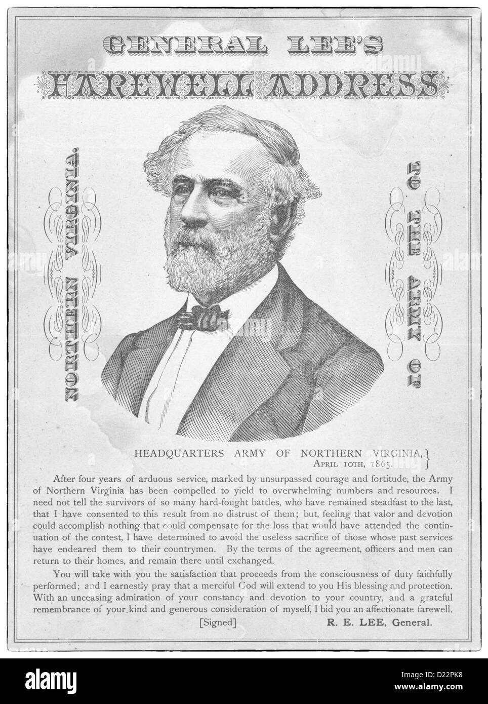 General Robert E Lee's Farewell Address to the Army of Northern Virginia at the end of the USA