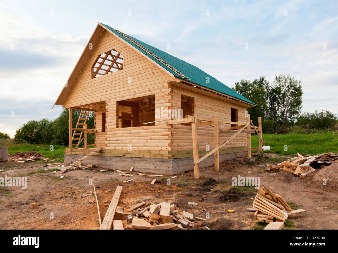 Wooden house under construction Stock Photo