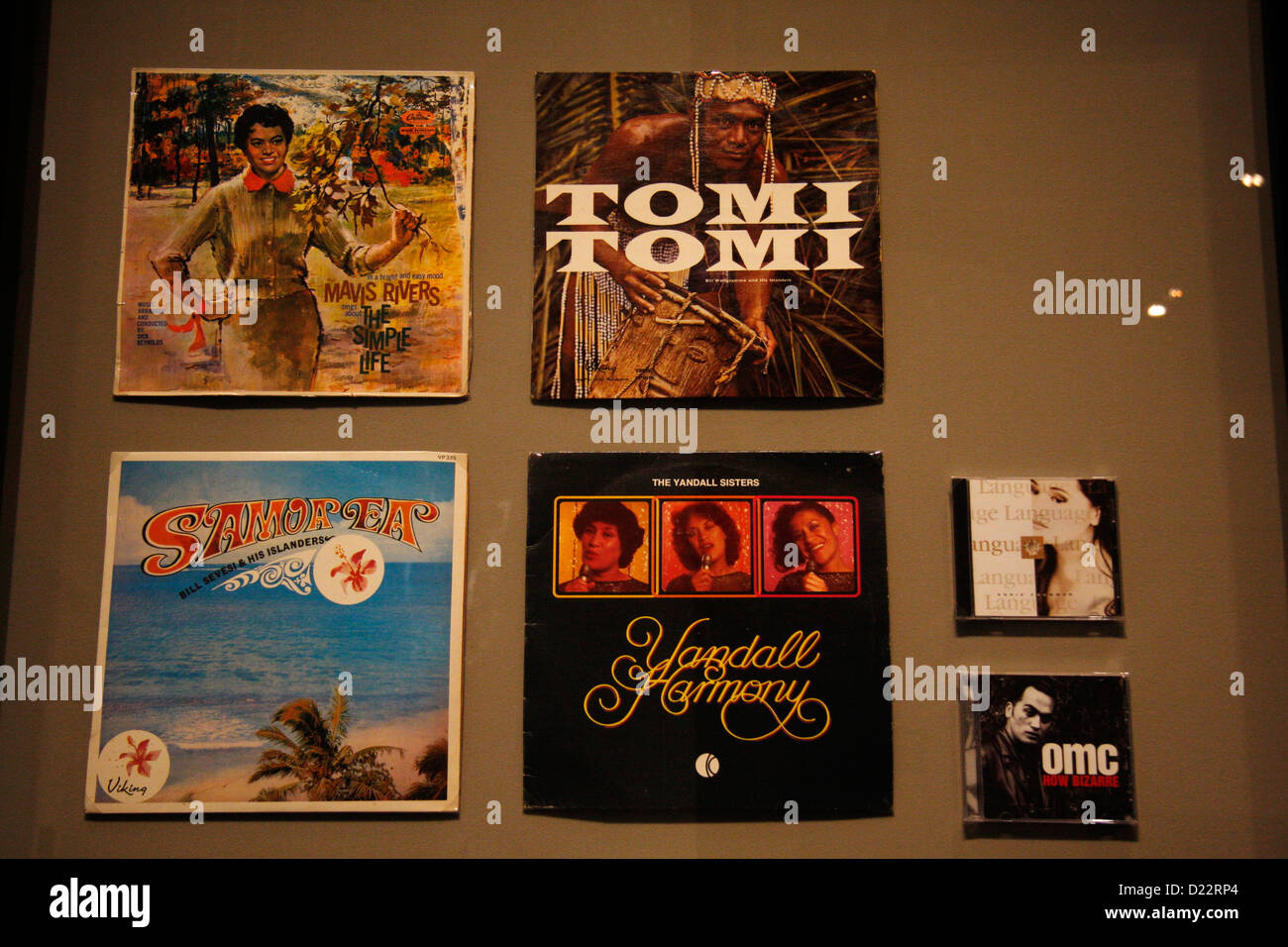 Vinyl records from Pacific islands, displayed in the Te Papa Tongarewa, Museum of New Zealand. Stock Photo