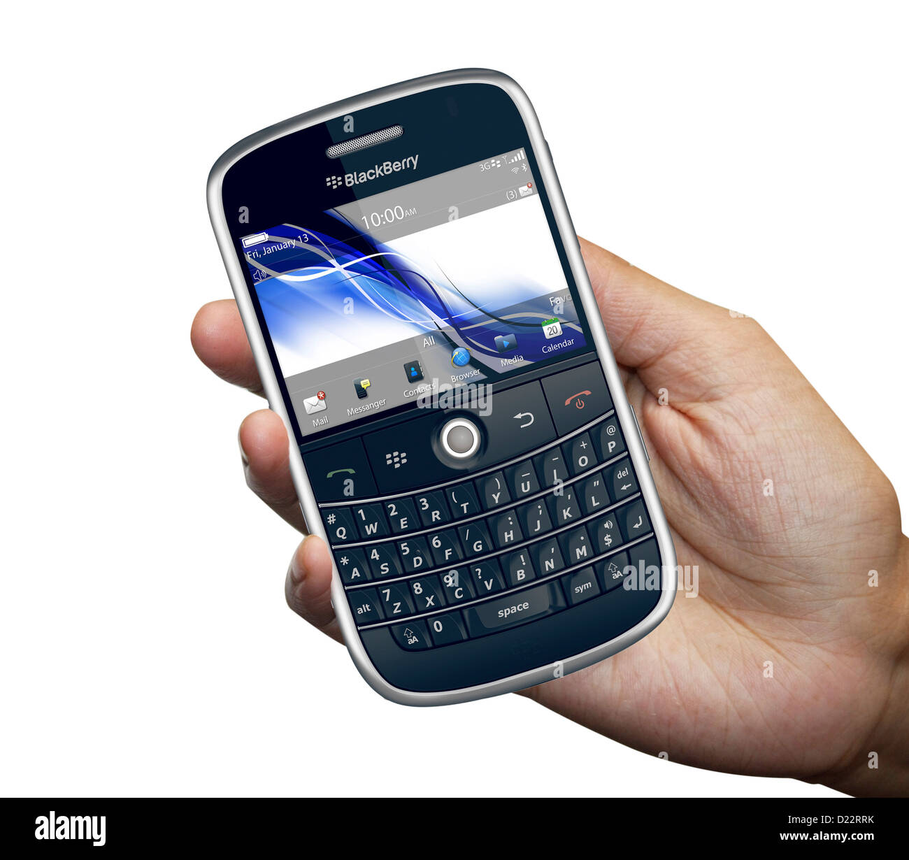 A person holding a blackberry 9000 smart phone isolated in white background Stock Photo