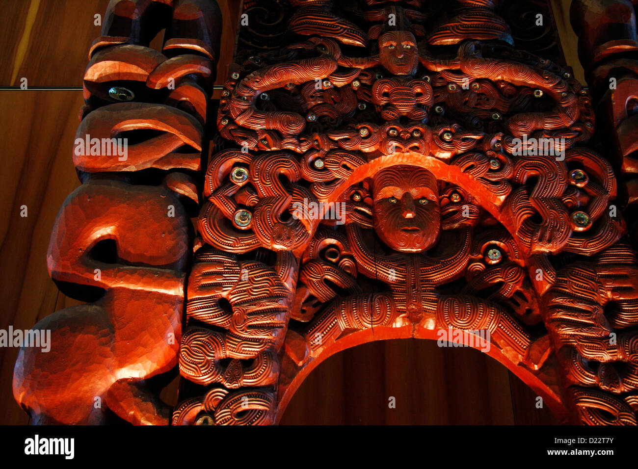 Maori wood panel on display in the Te Papa Tongarewa, Museum of New Zealand. Stock Photo