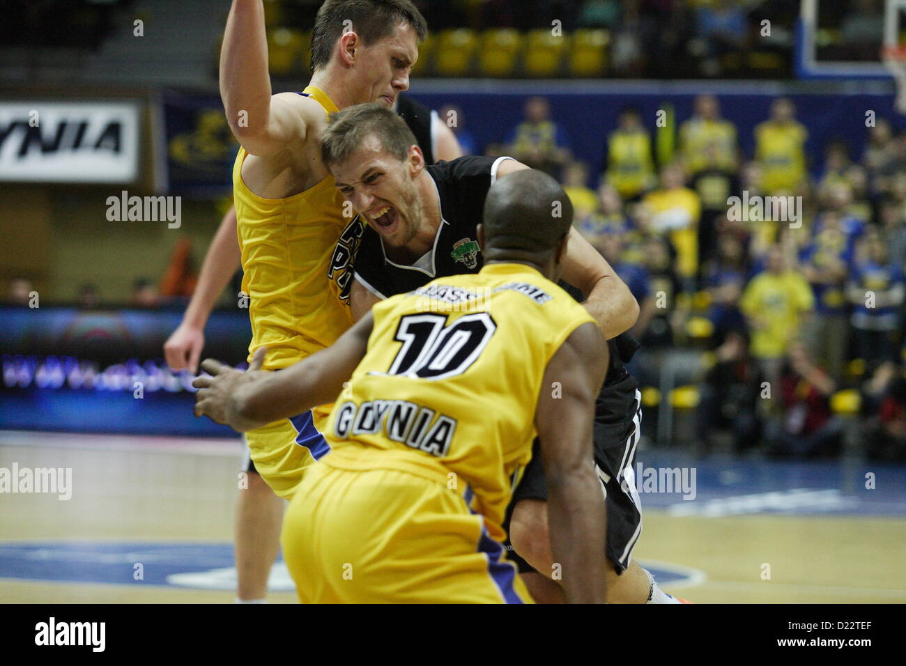 Gdynia, Poland 12th, January 2013 Polish basketball extraleague (TBL) Asseco  Prokom Gdynia v PGE Turow Zgorzelec game at HSW sports hall in Gdynia.  Jarel Blassingame (10) in action during the game Stock