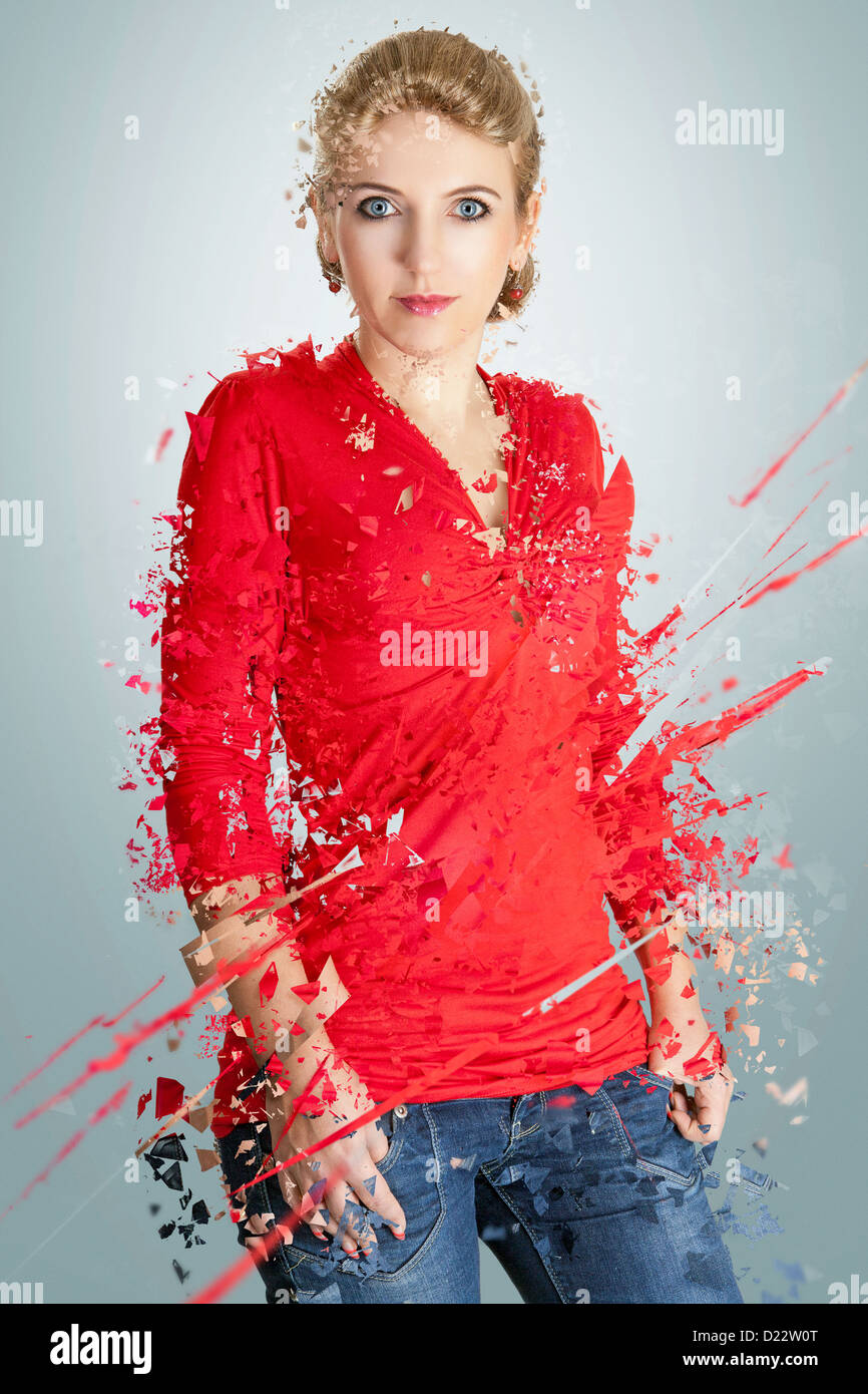 Woman in red- disintegrating portrait Stock Photo