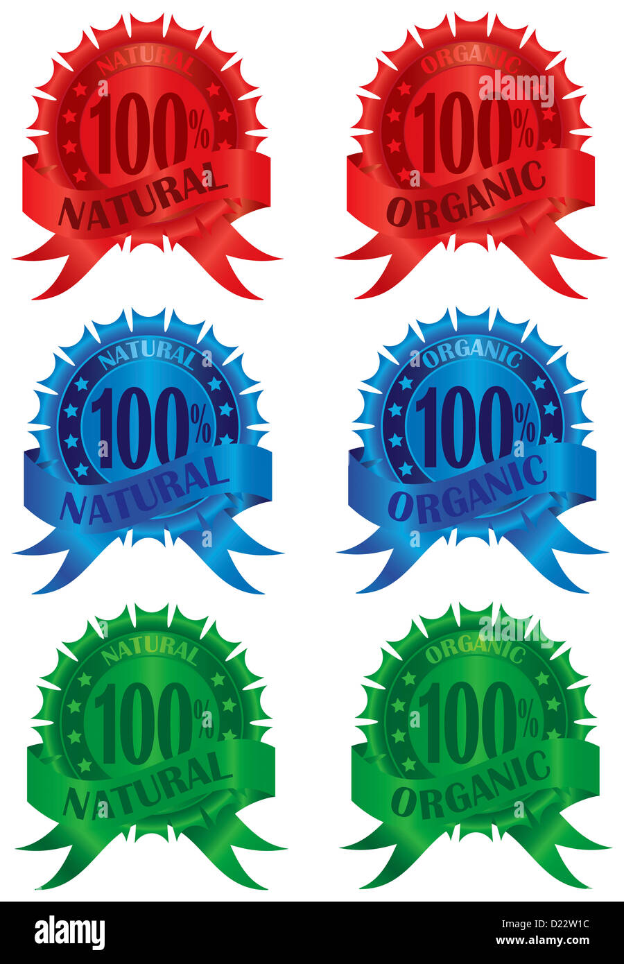 Food Products 100% Natural Organic in Red Blue and Green Colors Labels Illustration Stock Photo