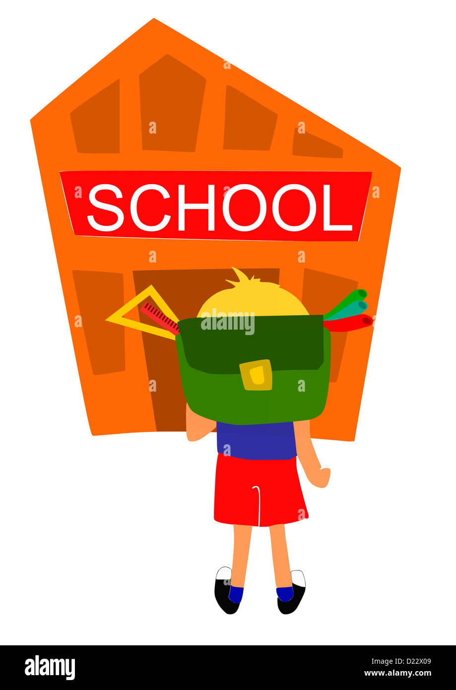 Young bot going first time to school - vector illustration. Stock Photo