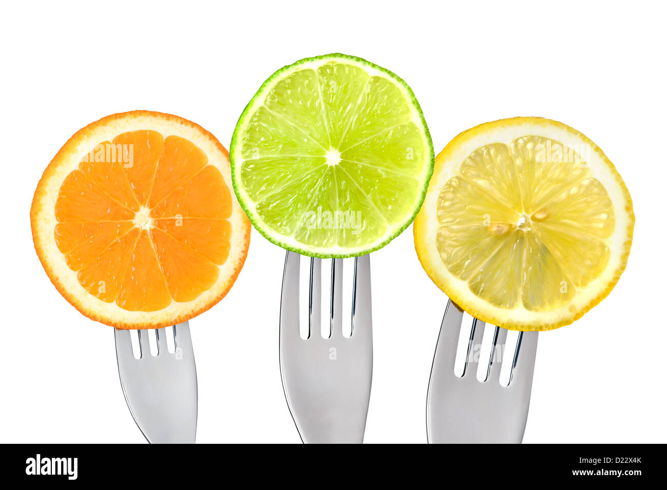 orange lime lemon citrus fruit slices on forks isolated on white background Stock Photo
