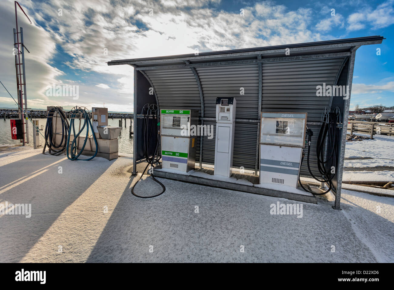 Gas Filling station for boats with pumps in Lundeborg Harbor, Denmark Stock Photo