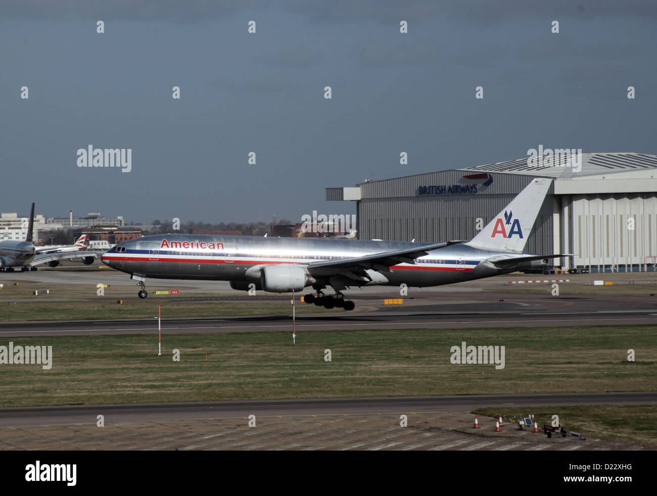 American Airlines Passenger Aircraft landing at London Heathrow Airport Stock Photo