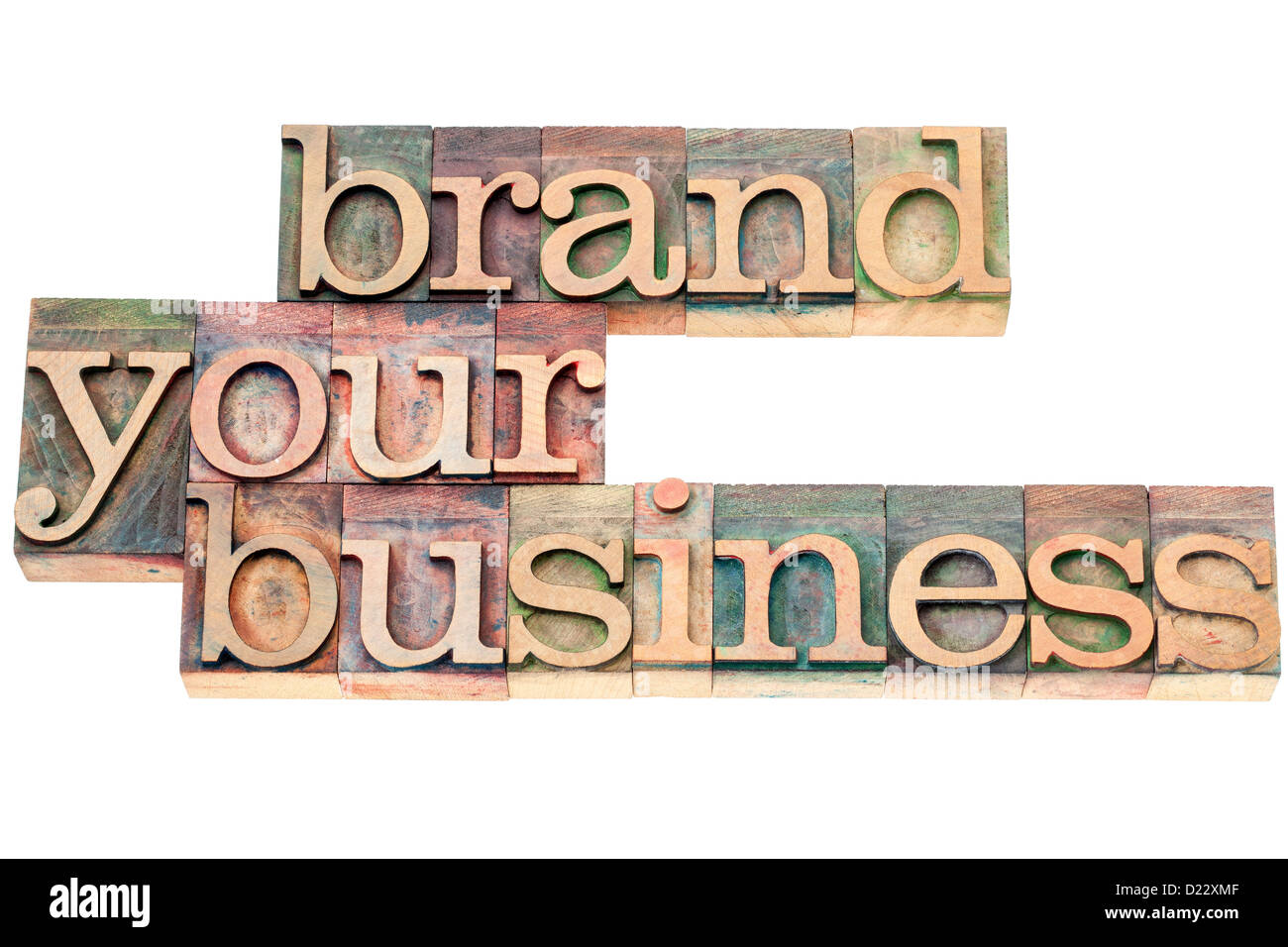 brand your business - marketing concept - isolated text in vintage letterpress wood type printing blocks Stock Photo