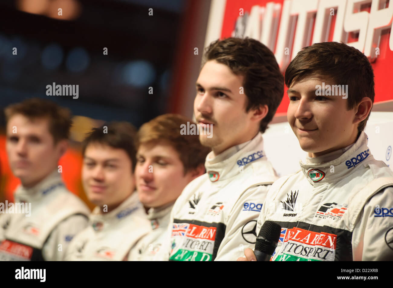 Birmingham NEC, UK, 12th January 2013.  Five of the McLaren Autosport BRDC Award finalists at Autosport International.  The drivers from right to left are award winner Jake Dennis, Josh Hill (son of Damon Hill), Jordan King, Melville McKee and Josh Webster. Stock Photo