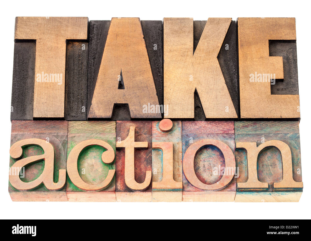 take action - motivation concept - isolated text in vintage letterpress wood type printing blocks Stock Photo