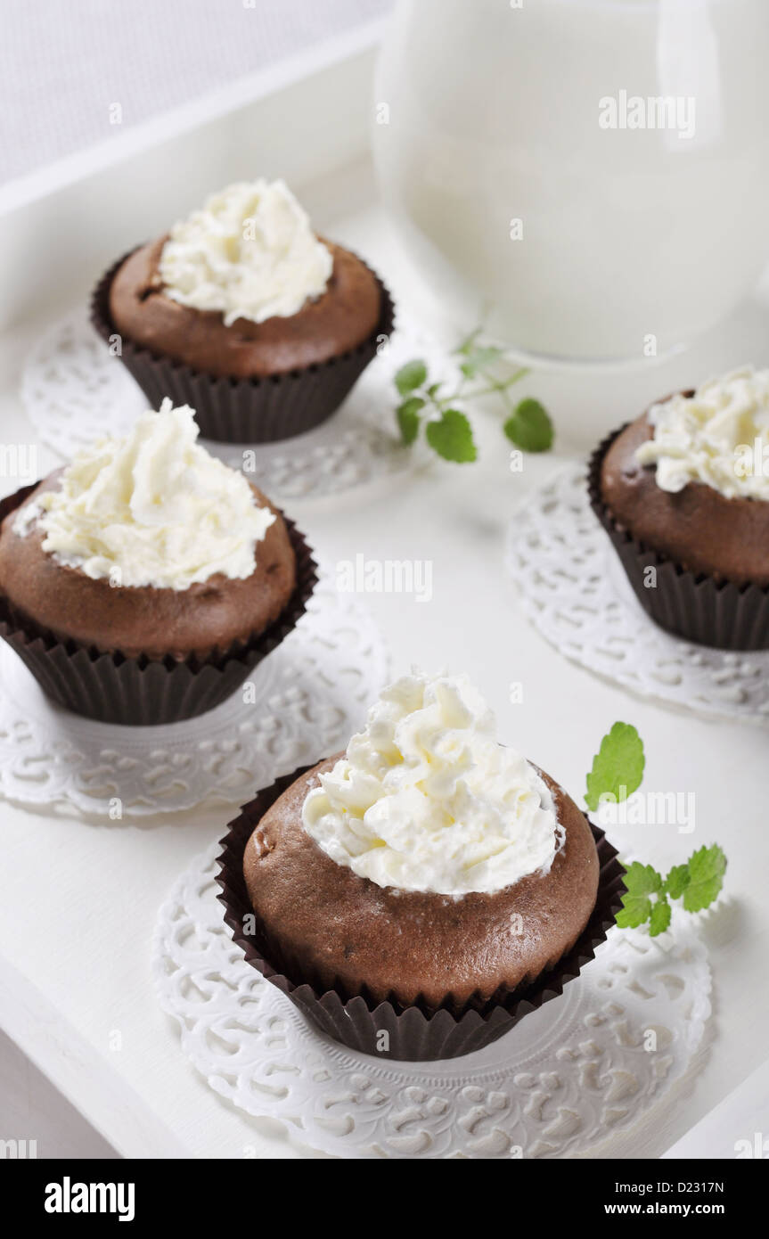 Fresh homemade chocolate cupcakes with whipped cream on wooden tray Stock Photo