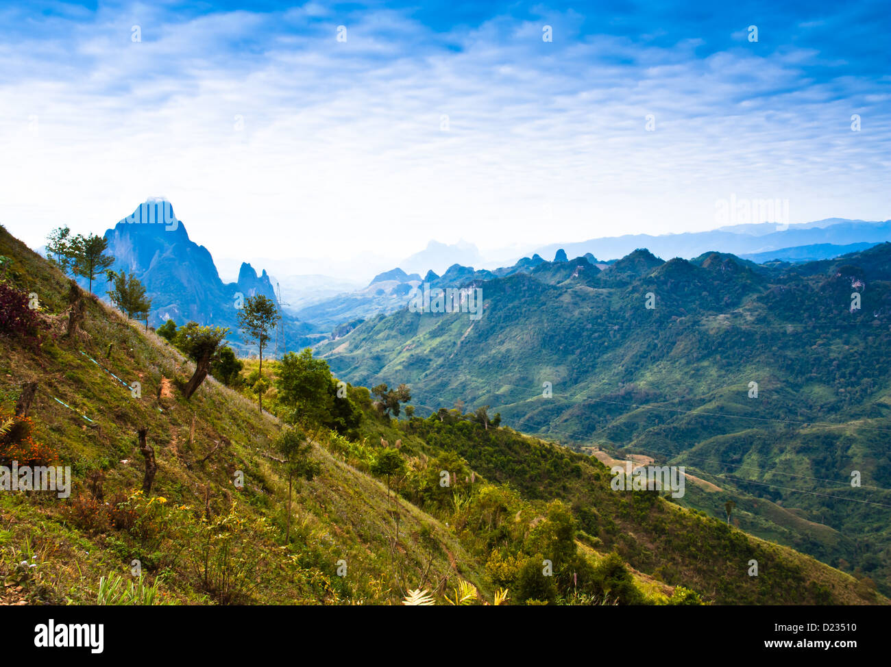View on the mountain. Saw several mountain peaks. It is one of the suburban landscape in Laos. Stock Photo