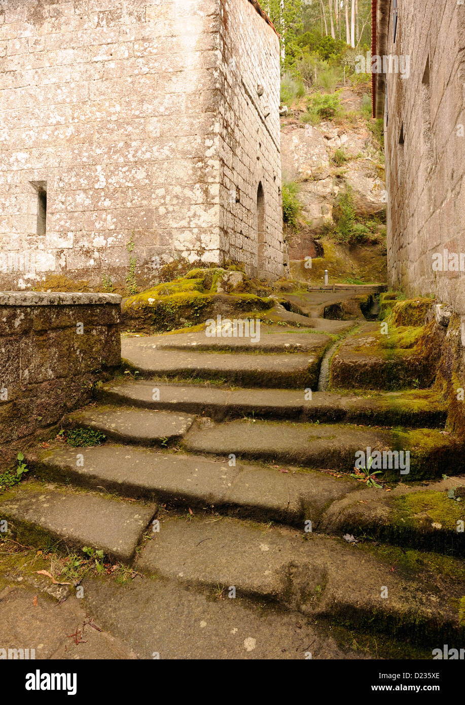 Well worn mossy stone steps in Monasterio San Pedro de Rochas. Stock Photo