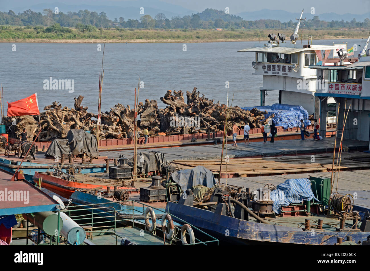 Chinese cargo vessels  loading at Chiang Saen,Thailand Stock Photo
